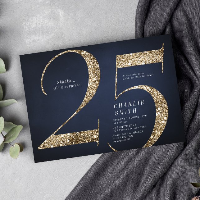 Invitation Parties scintillant d'or marine minimaliste modern (Modern minimalist navy gold glitter 25th birthday invitation)
