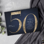 Invitation Parties scintillant d'or marine minimaliste modern<br><div class="desc">L'invitation minimaliste moderne 50e anniversaire comprend la parties scintillant en faux or élégant numéro 50 et les détails de votre fête dans la police serif classique sur l'arrière - plan bleu marine, simple et élégant, grande surprise invitation d'anniversaire adulte. la couleur arrière - plan peut être changée à n'importe quelle...</div>