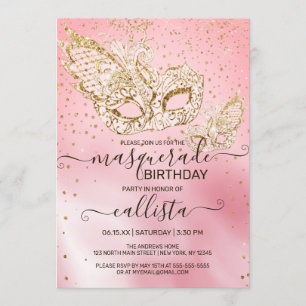 Invitation Parties scintillant d'or Mascarade de soie rose An