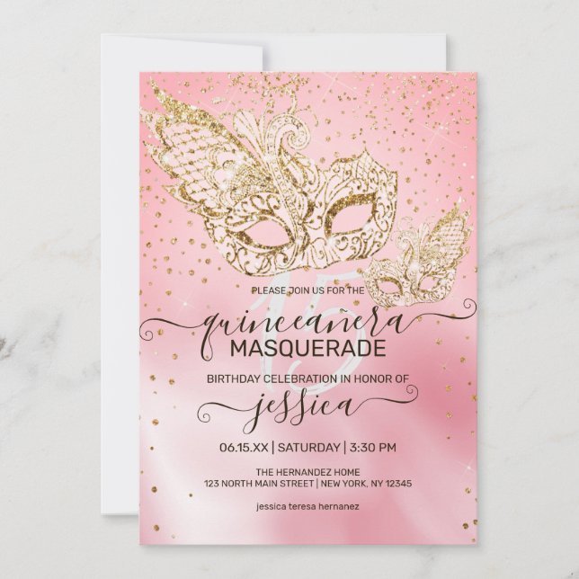 Invitation Parties scintillant d'or Mascarade en soie rose Qu (Devant)