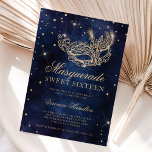 Invitation parties scintillant d'or mascarade masque bleu mar<br><div class="desc">Un sweet sixteen moderne,  chic et glamour avec un masque de parties scintillant en or dessiné à la main avec un diamant en parties scintillant or scintille sur un arrière - plan bleu marine foncé aquarelle.</div>