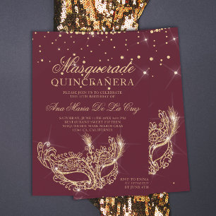 Invitation Parties scintillant d'or mascarade rousse bourgogn