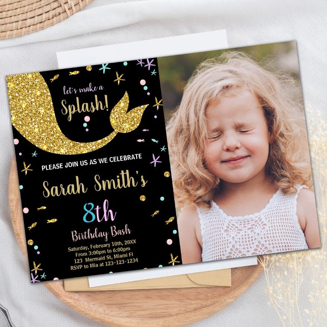 Invitation Parties scintillant d'or Mermaid Tail Anniversaire (Golden Glitter Mermaid Tail Birthday with photo Invitation)