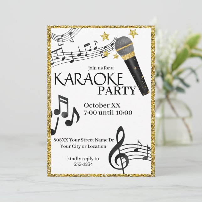 Invitation Parties scintillant d'or Microphone notes de musiq (Debout devant)