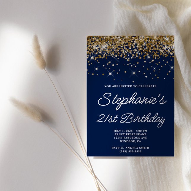 Invitation Parties scintillant d'or Midnight Blue 21e anniver (Faux gold glitter and navy blue 21st birthday invite for her.)
