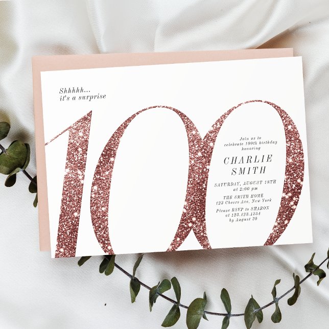 Invitation Parties scintillant d'or minimaliste rose moderne  (Modern minimalist rose gold glitter 100th birthday invitation)