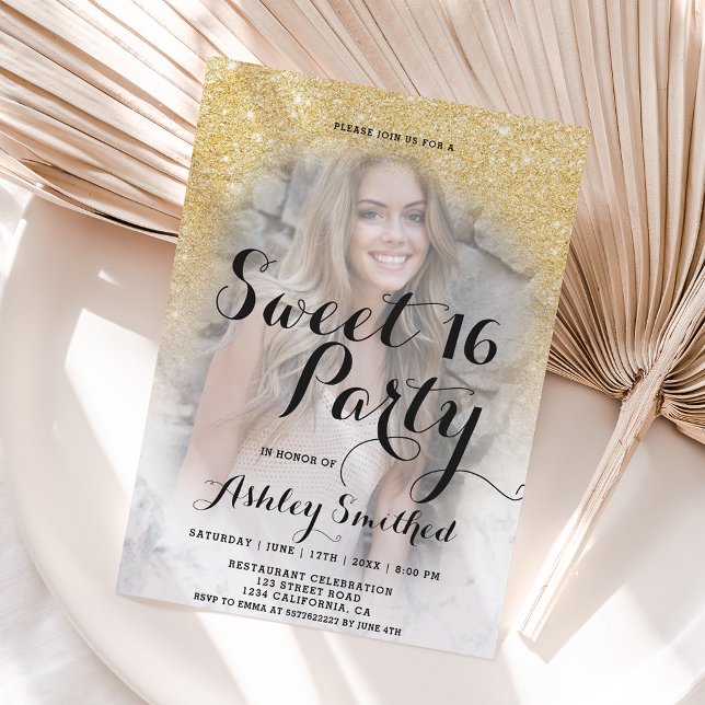 Invitation Parties scintillant d'or moderne marbre ombre phot (Créateur téléchargé)