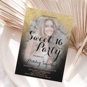 Invitation Parties scintillant d'or moderne noir ombre photo