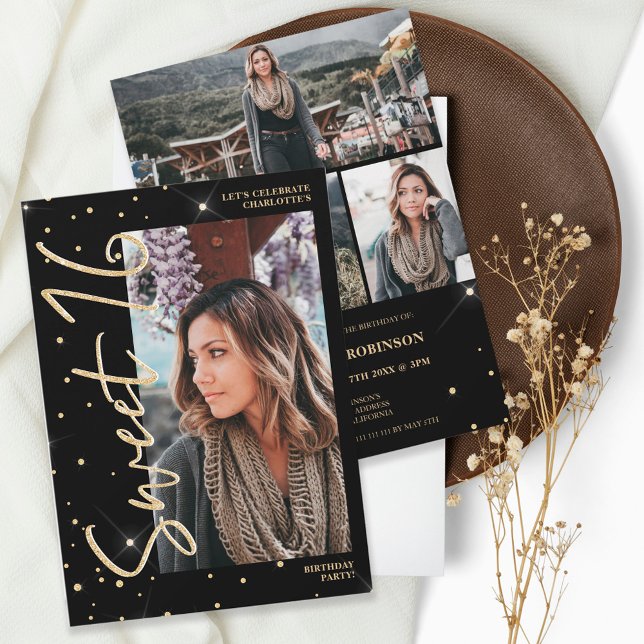 Invitation Parties scintillant d'or moderne script noir 4 pho (Créateur téléchargé)