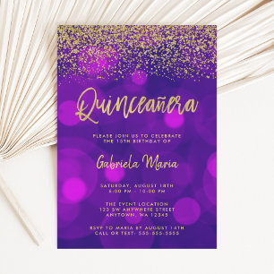 Invitation Parties scintillant d'or moderne violet Bokeh Quin