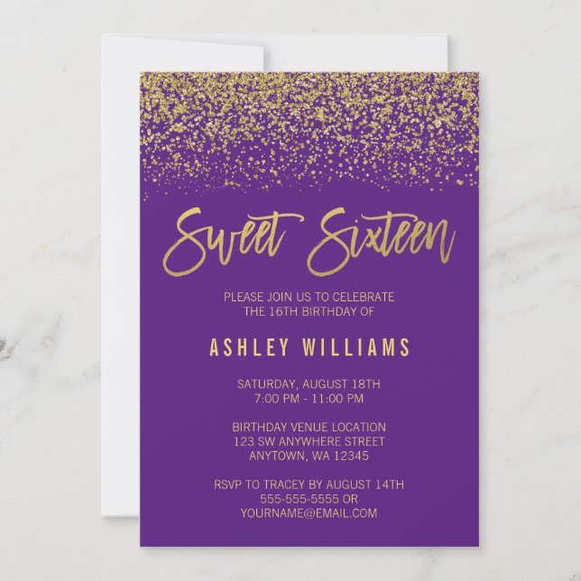 Invitation Parties scintillant d'or moderne violet Faux Sweet (Devant)