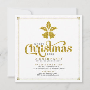 Invitation Parties scintillant d'or Noël cloches Dîner Invita