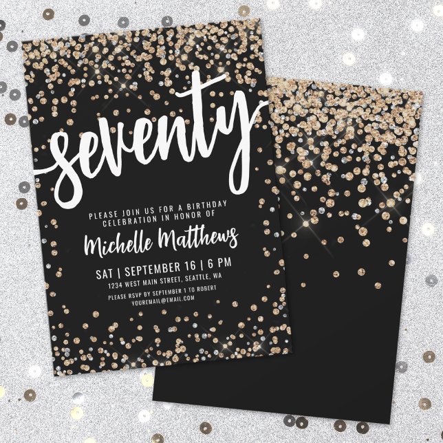 Invitation Parties scintillant d'or noir 70e anniversaire (Black Gold Glitter 70th Birthday Invitation)