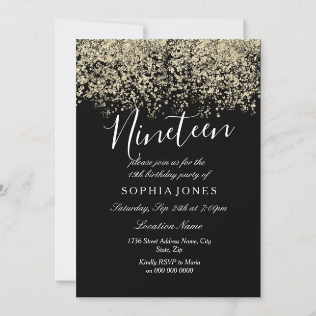 Invitation Parties scintillant d'or noir Confetti 19e anniver (Devant)