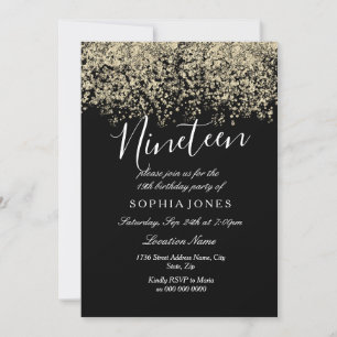 Invitation Parties scintillant d'or noir Confetti 19e anniver