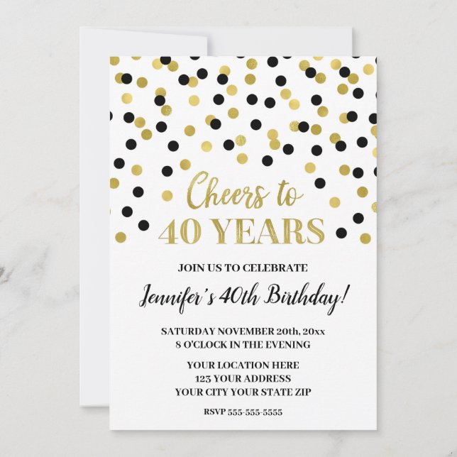 Invitation Parties scintillant d'or noir Confetti encourage à (Dos)