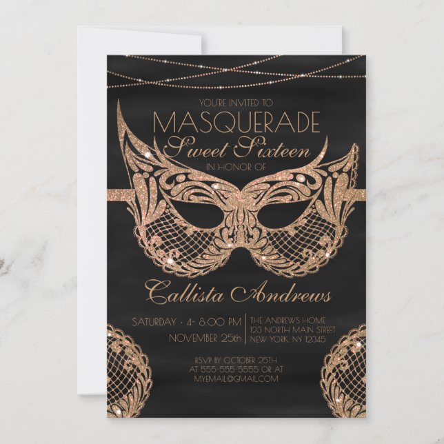 Invitation Parties scintillant d'or noir dentelle Masquerade  (Devant)