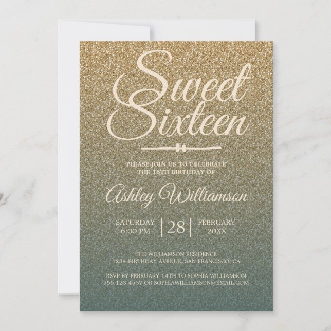 Invitation Parties scintillant d'or Ombre Emerald Sweet 16 An (Devant)