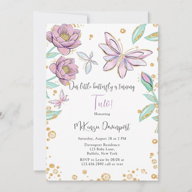 Invitation Parties scintillant d'or Papillon Fleur Fille fête (Devant)