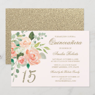 Invitation Parties scintillant d'or Pêche à la broche florale