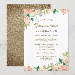 Invitation Parties scintillant d'or Pêche Floral Quinceanera