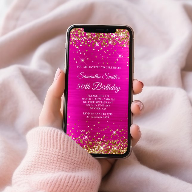 Invitation Parties scintillant d'or Pink Hot Foil 50e anniver (Gold Glitter Hot Pink Foil 50th Birthday Invitation)