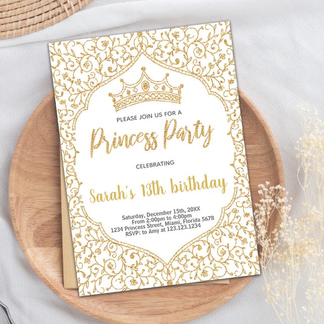 Invitation Parties scintillant d'or Princesse blanche Anniver (Golden Glitter White Princess Birthday Invitation)