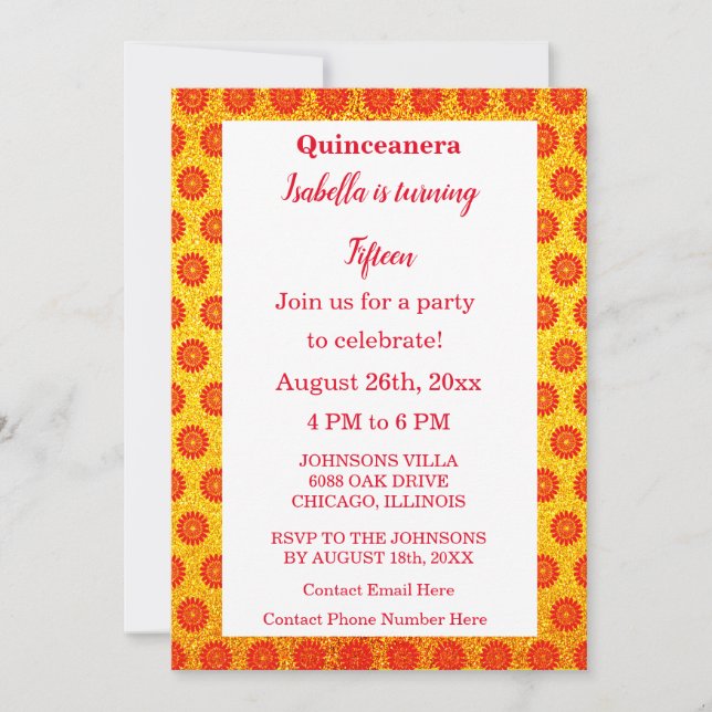 Invitation Parties scintillant d'or Quinceanera Floral Rouge  (Devant)
