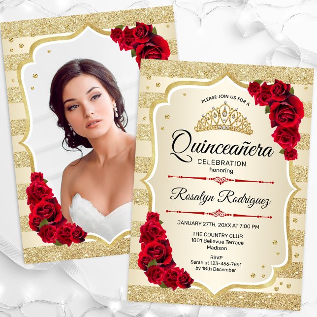 Invitation Parties scintillant d'or Quinceanera rouge (Créateur téléchargé)