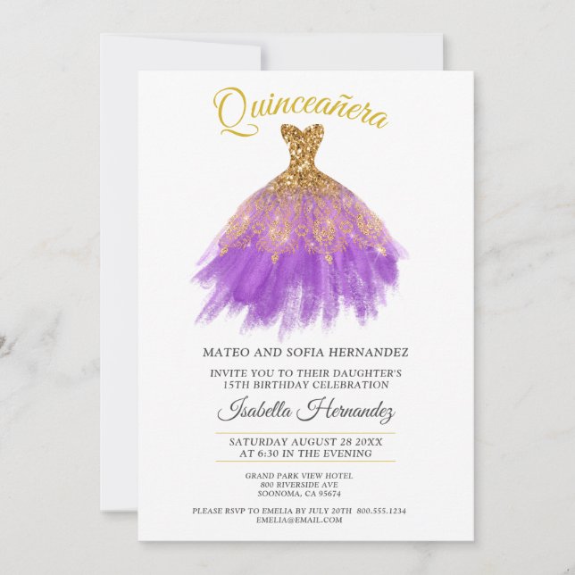 Invitation Parties scintillant d'or Quineanera Purple Party I (Devant)