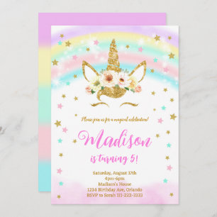 Invitation Parties scintillant d'or Rainbow Unicorn Invitatio