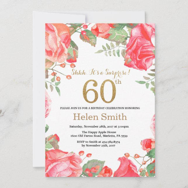 Invitation Parties scintillant d'or Red Floral Surprise 60e a (Devant)