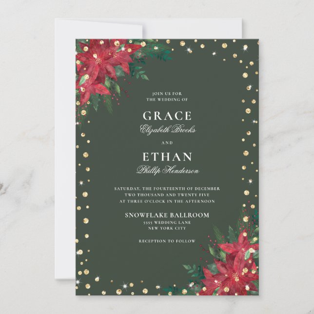 Invitation Parties scintillant d'or Red Green Florals Mariage (Devant)