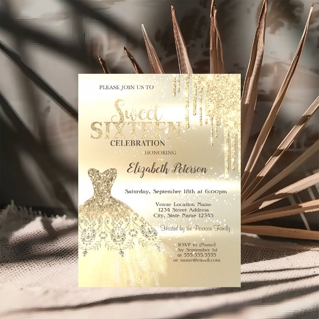 Invitation Parties scintillant d'or, Robe Sweet 16 (Créateur téléchargé)