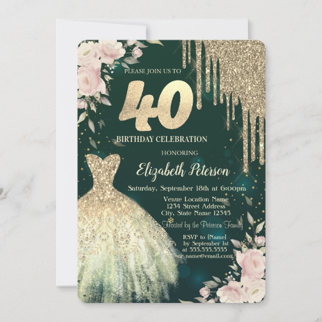 Invitation Parties scintillant d'or, Robe, Vert floral 40e an (Devant)