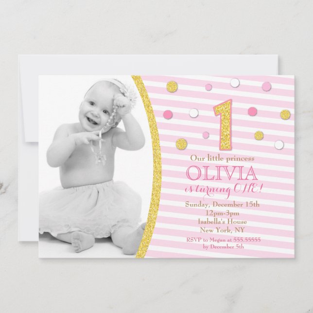 Invitation Parties scintillant d'or rose 1er anniversaire Inv (Devant)
