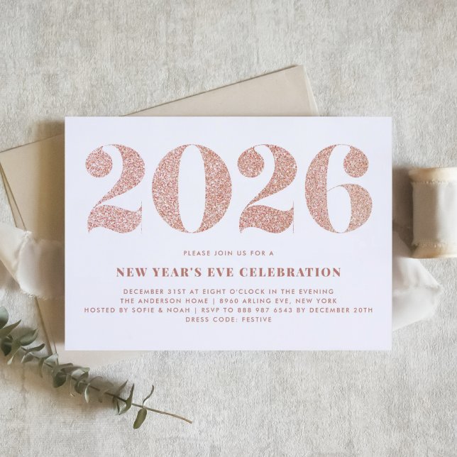 Invitation Parties scintillant d'or rose 2024 Soirée du Nouve (Customizable 2026 New Year's Eve party invitation featuring faux rose gold glitter.)