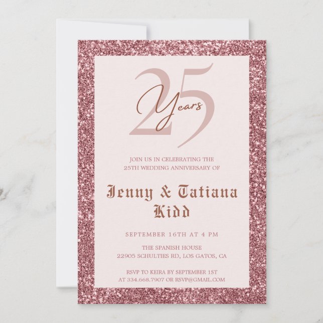 Invitation Parties scintillant d'or rose 25e anniversaire mar (Devant)