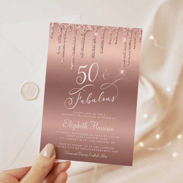 Invitation Parties scintillant d'or rose 50e fête d'anniversa (Celebrate her 50 years of sparkle with an elegant rose gold glitter birthday party invitation)