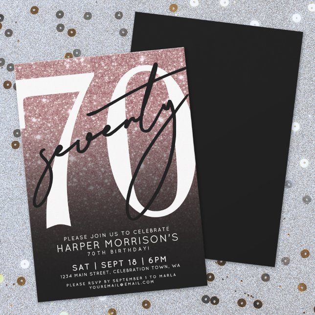 Invitation Parties scintillant d'or rose 70e anniversaire (Rose Gold Glitter 70th Birthday Invitation)