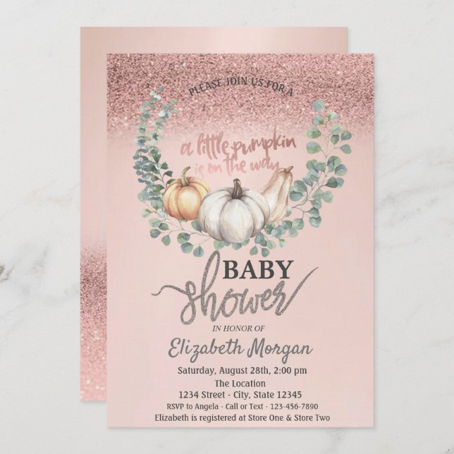 Invitation Parties scintillant d'or rose Bokeh, Baby shower C (Devant / Derrière)