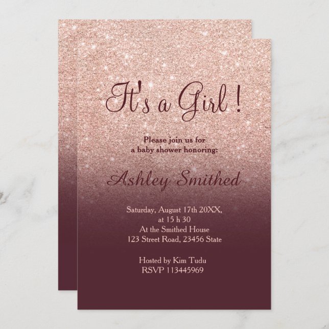 Invitation Parties scintillant d'or rose bordeaux ombre baby  (Devant / Derrière)