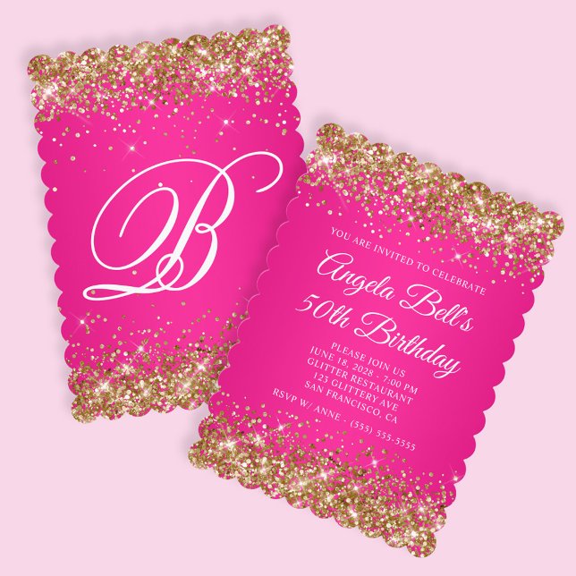 Invitation Parties scintillant d'or rose chaud Monogramme 50e (Create your own faux golden glitter and hot pink birthday invite.)