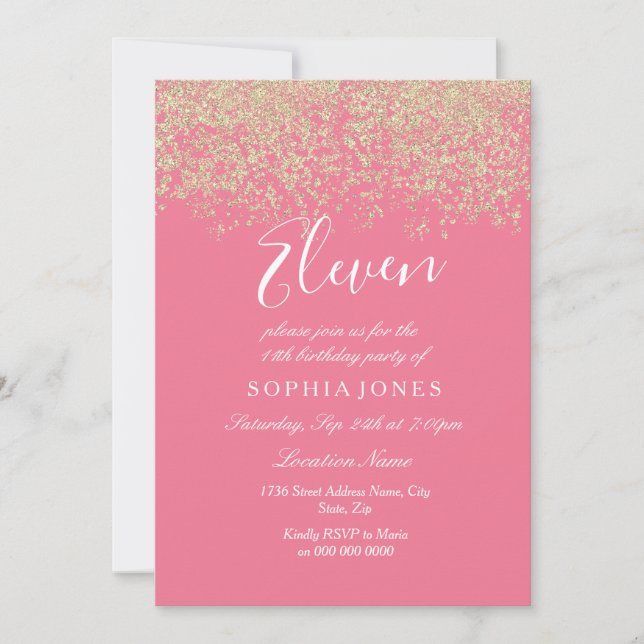 Invitation Parties scintillant d'or rose Confetti 11e anniver (Devant)