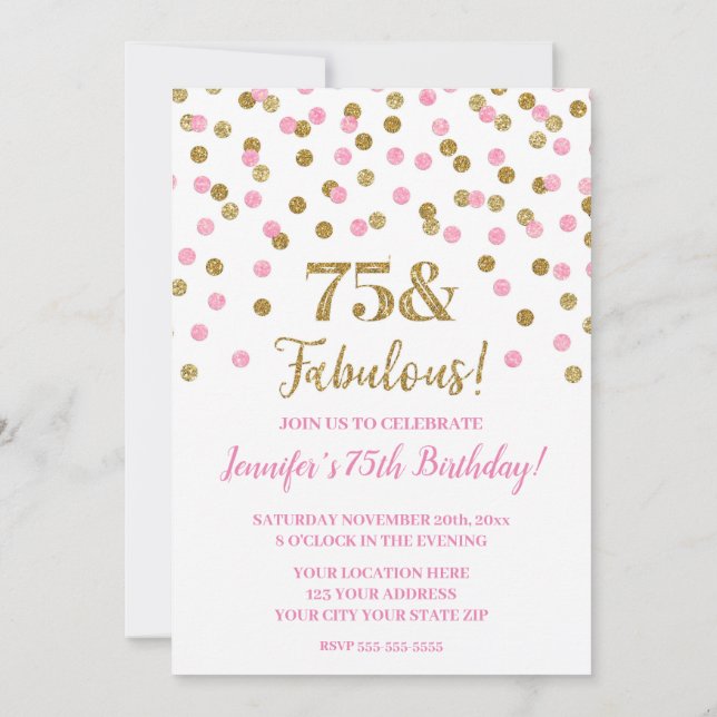 Invitation Parties scintillant d'or rose Confetti 75 et fabul (Dos)