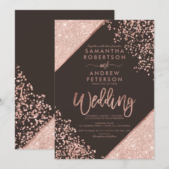 Invitation parties scintillant d'or rose confetti chic brun m (Devant / Derrière)