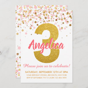 Invitation Parties scintillant d'or rose Confetti fille trois