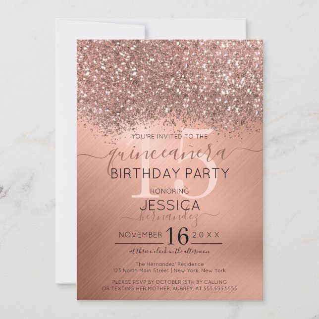 Invitation Parties scintillant d'or rose Confetti Metallic Qu (Devant)
