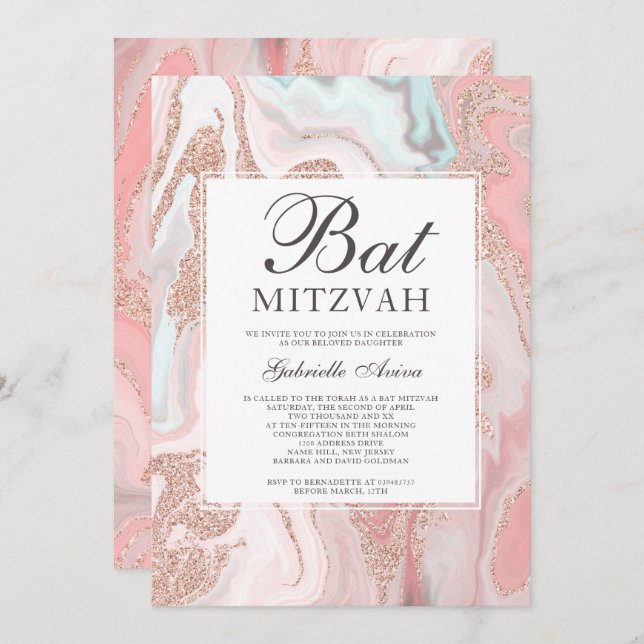 Invitation parties scintillant d'or rose corail marbre rose b (Devant / Derrière)