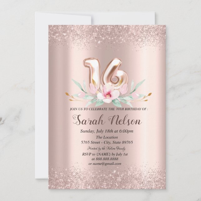 Invitation Parties scintillant d'or Rose de luxe Aquarelle Fl (Devant)